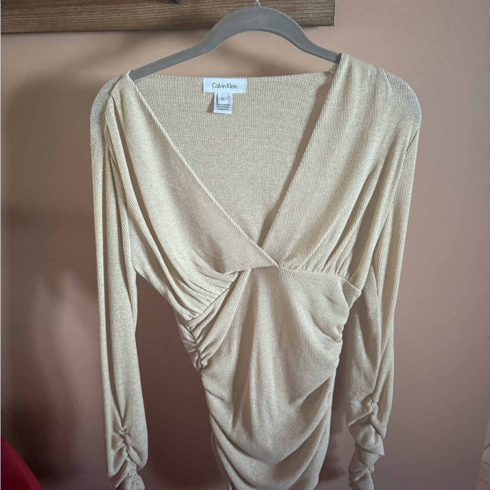Calvin Klein Fitted Top Gold Shimmer Plunge Neck Line  NWOT